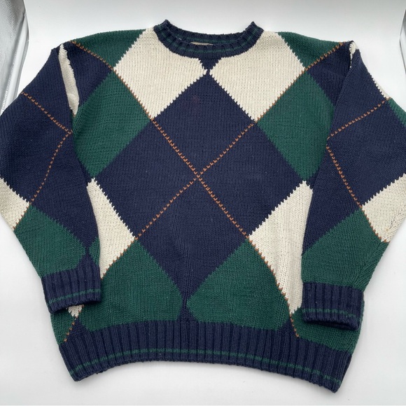 Vintage New River Co 90s Sweater Mens XL X-Large Blue Green Argyle Knit Chunky - Picture 4 of 10
